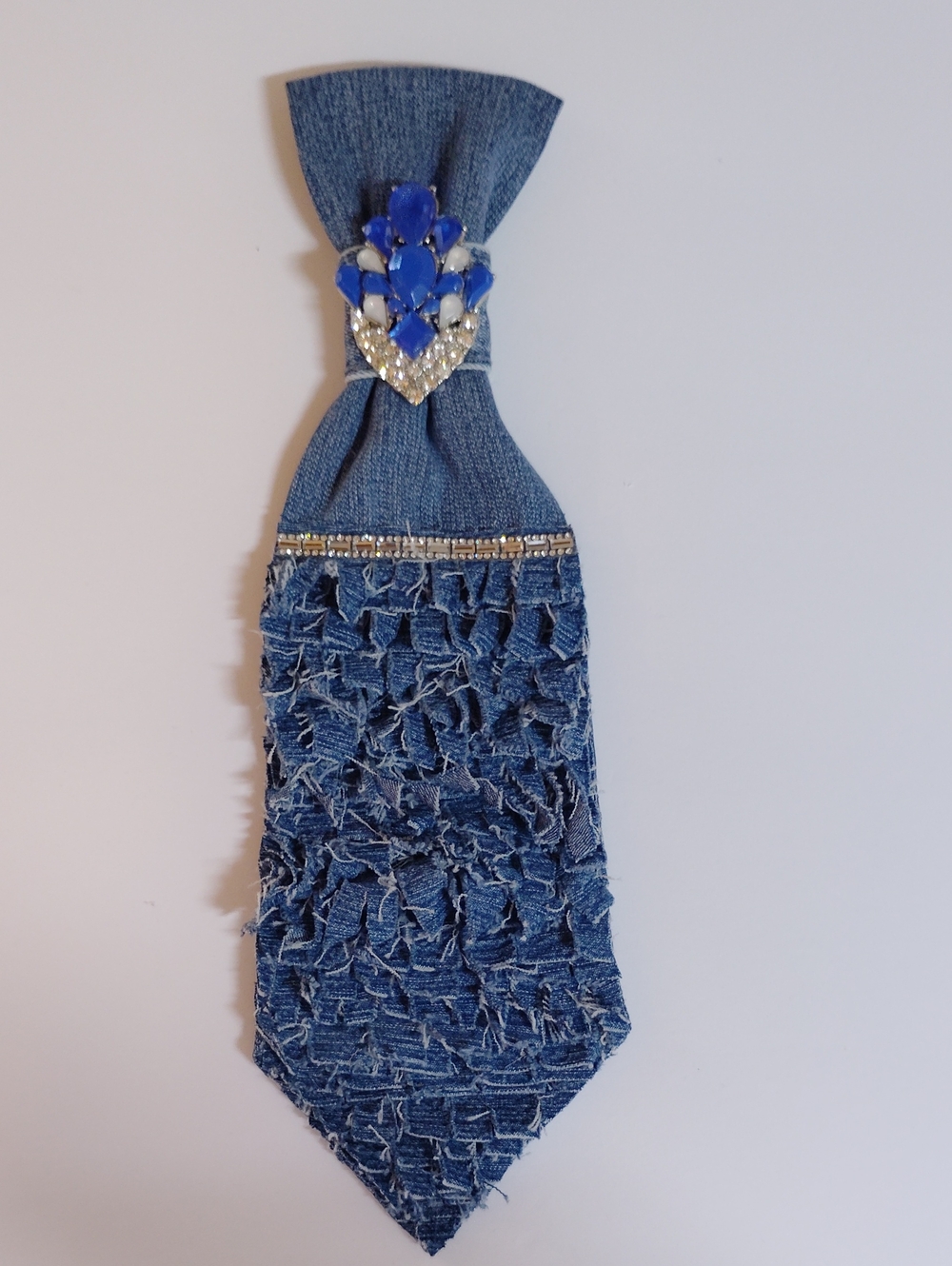 Blue Denim Bow Tie Scarf with Rhinestone Accent